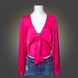 Express Womens Small Cropped Blouse Hot Pink Satin Romantic Coquette Tie